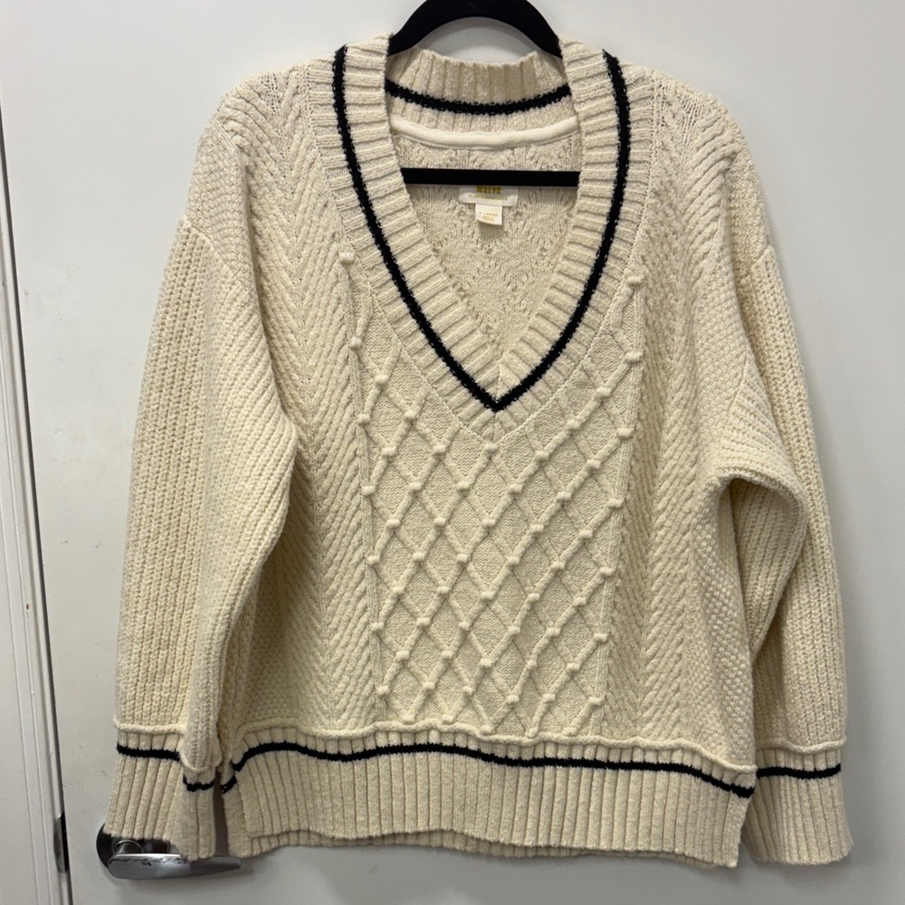 ANTHROPOLOGIE MAEVE THE TILLIE V NECK PULLOVER SWEATER XL PETITE IVORY CHUNKY